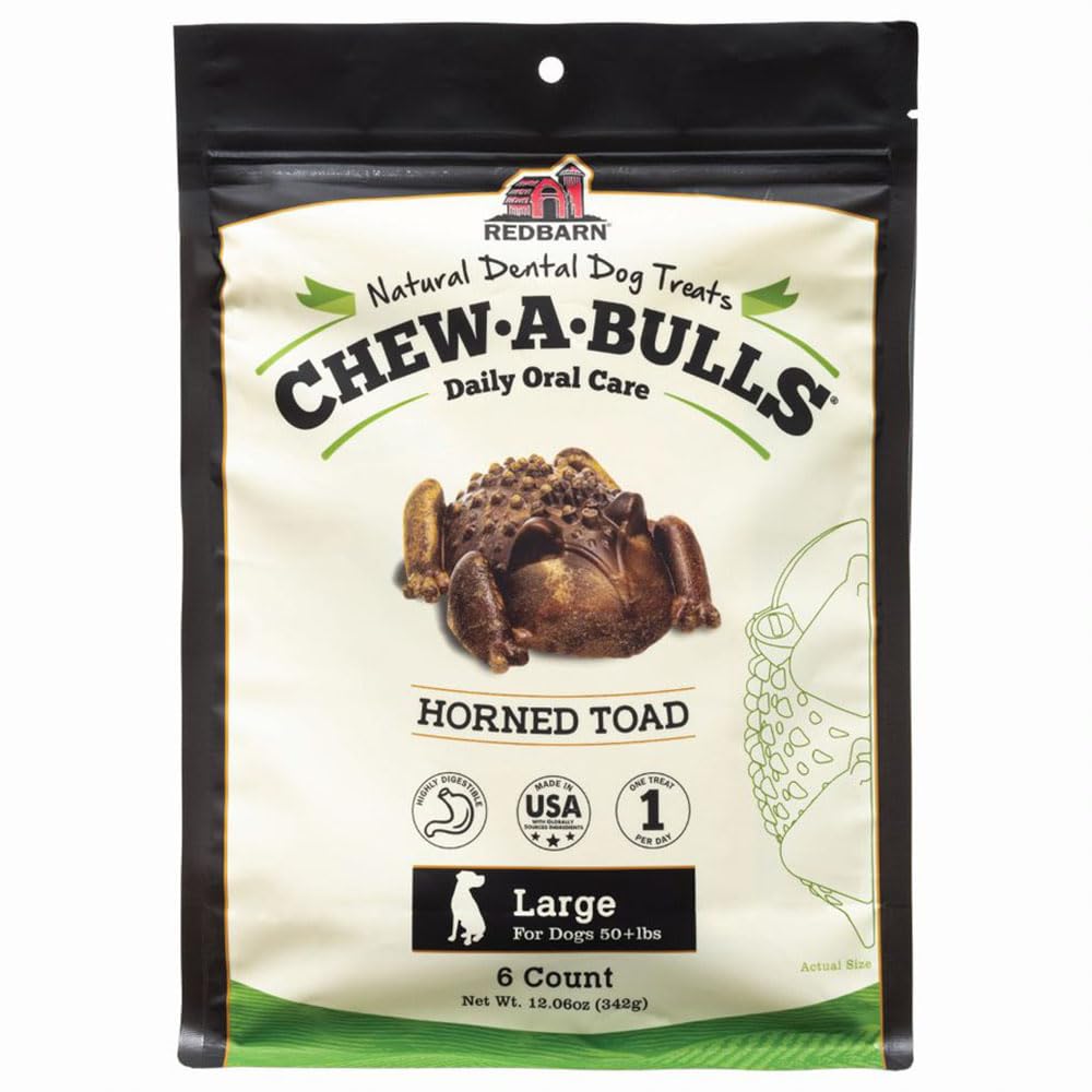 Redbarn Chew-A-Bulls, 6 Pack – Large Toad Shape Dog Dental Treats – Daily Oral Care with Fun Ridges & Grooves, All Natural Ingredients, Highly Digestible Chews & Low in Fat
