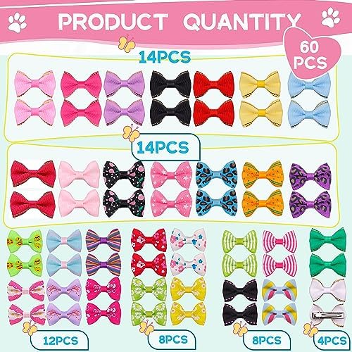 YAKA 60PCS (30 Paris) Cute Puppy Dog Small Bowknot Hair Bows with Metal Clips Handmade Hair Accessories Bow Pet Grooming Products (60 Pcs,Cute Patterns)