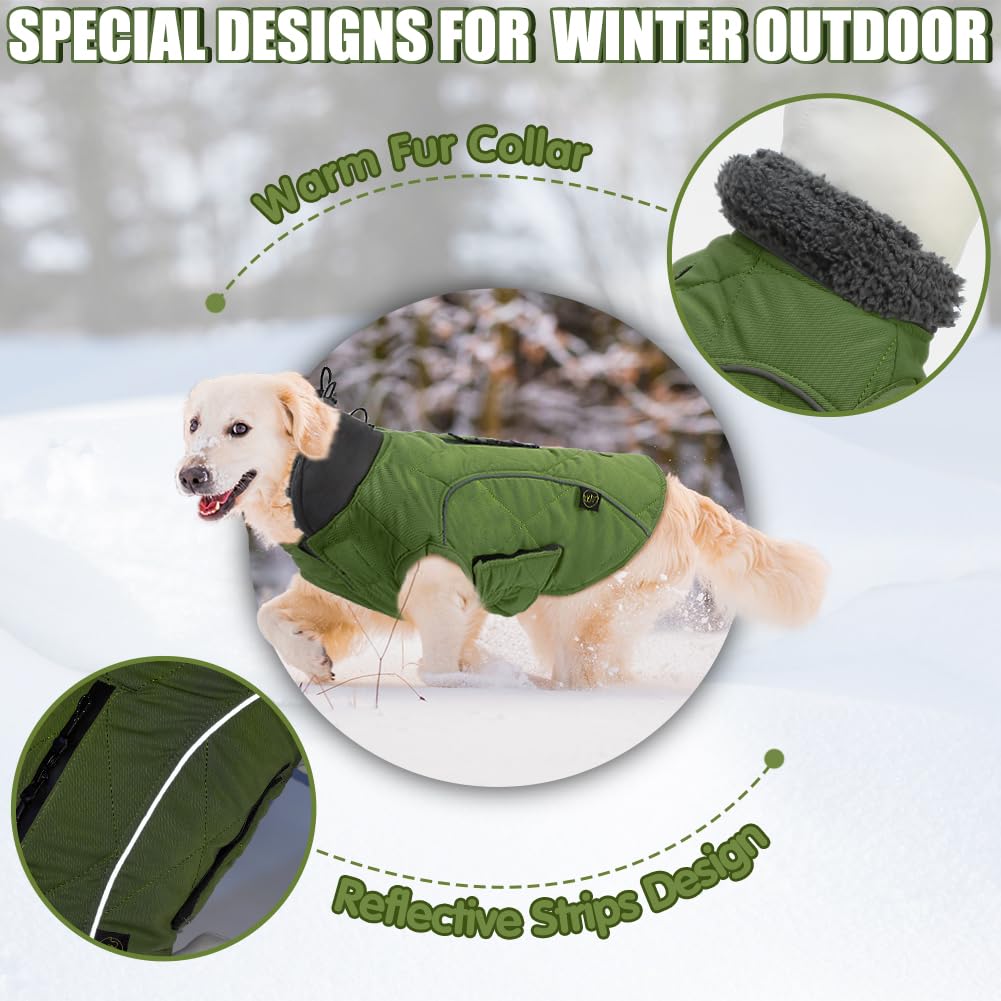 EMUST Winter Coat for Large Dogs, Windproof Dog Jacket for Cold Weather, Extra Warm Pet Winter Clothes for Small Medium Large Dogs, Green, XXL