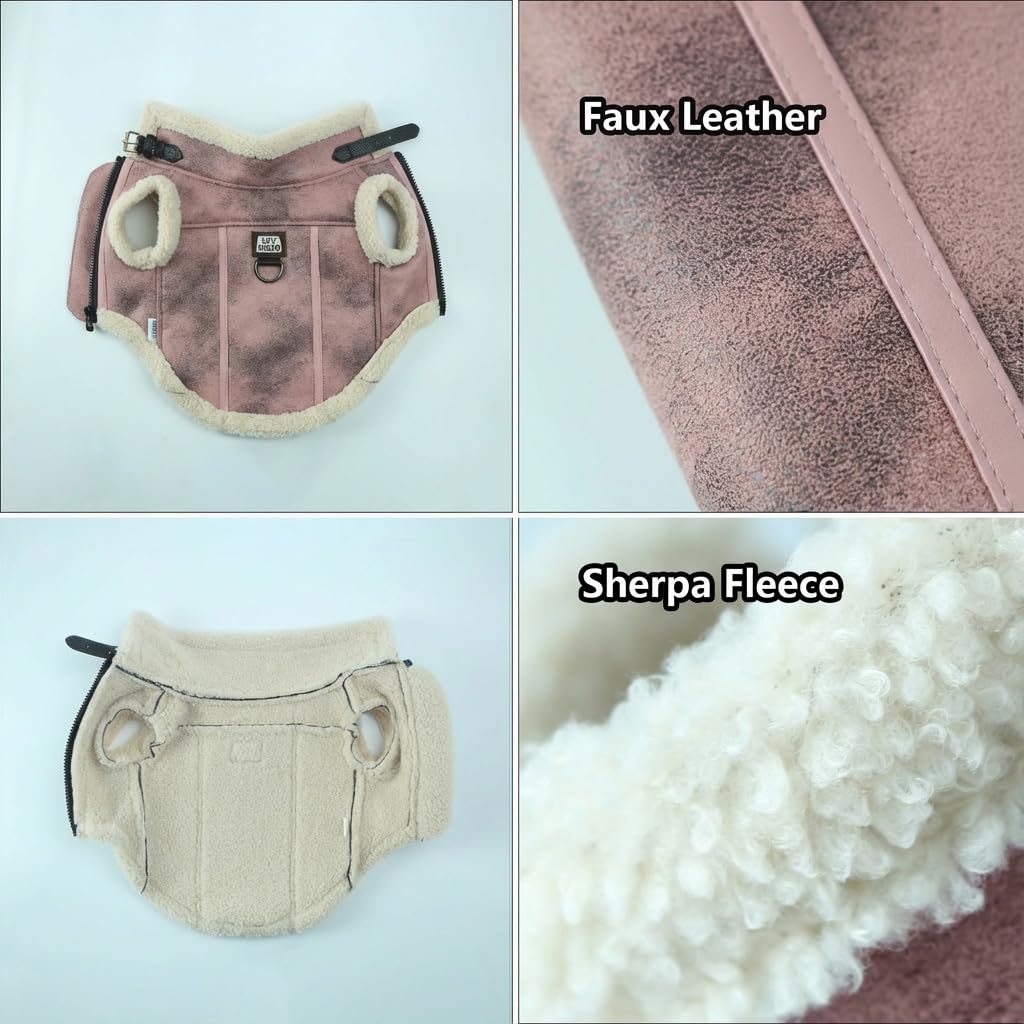 LUVMOJO Aviator Dog Jacket, Retro Faux Leather Winter Coats with Sherpa Lining for Puppy, Warm Bomber Uniform for Small and Medium Dogs & Cats, Girl Doggy Motorcycle Costumes Female, Pink, S
