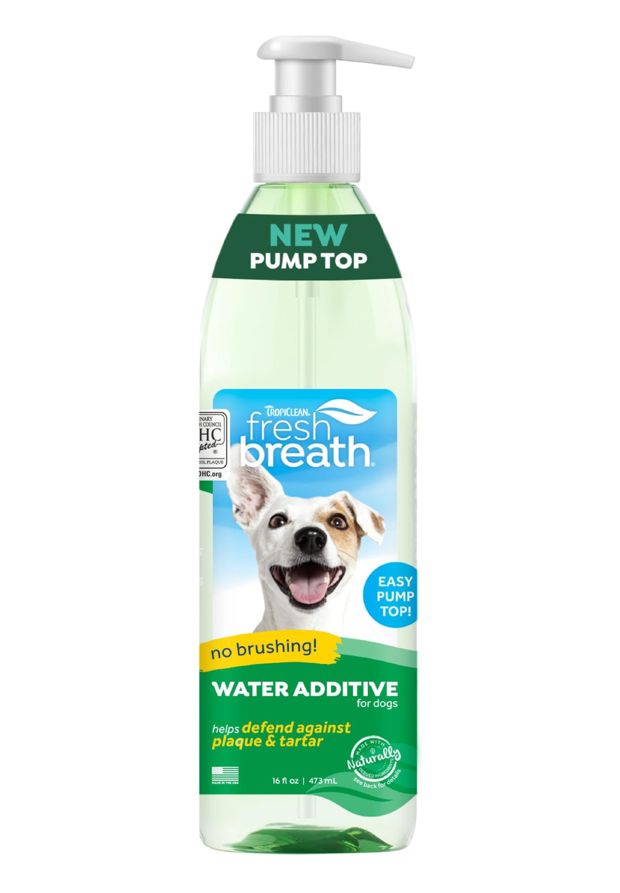 TropiClean Fresh Breath Water Additive for Dogs | Dog Breath Freshener & Teeth Cleaning Solution | No Toothpaste or Toothbrush Required | 16 oz + Pump