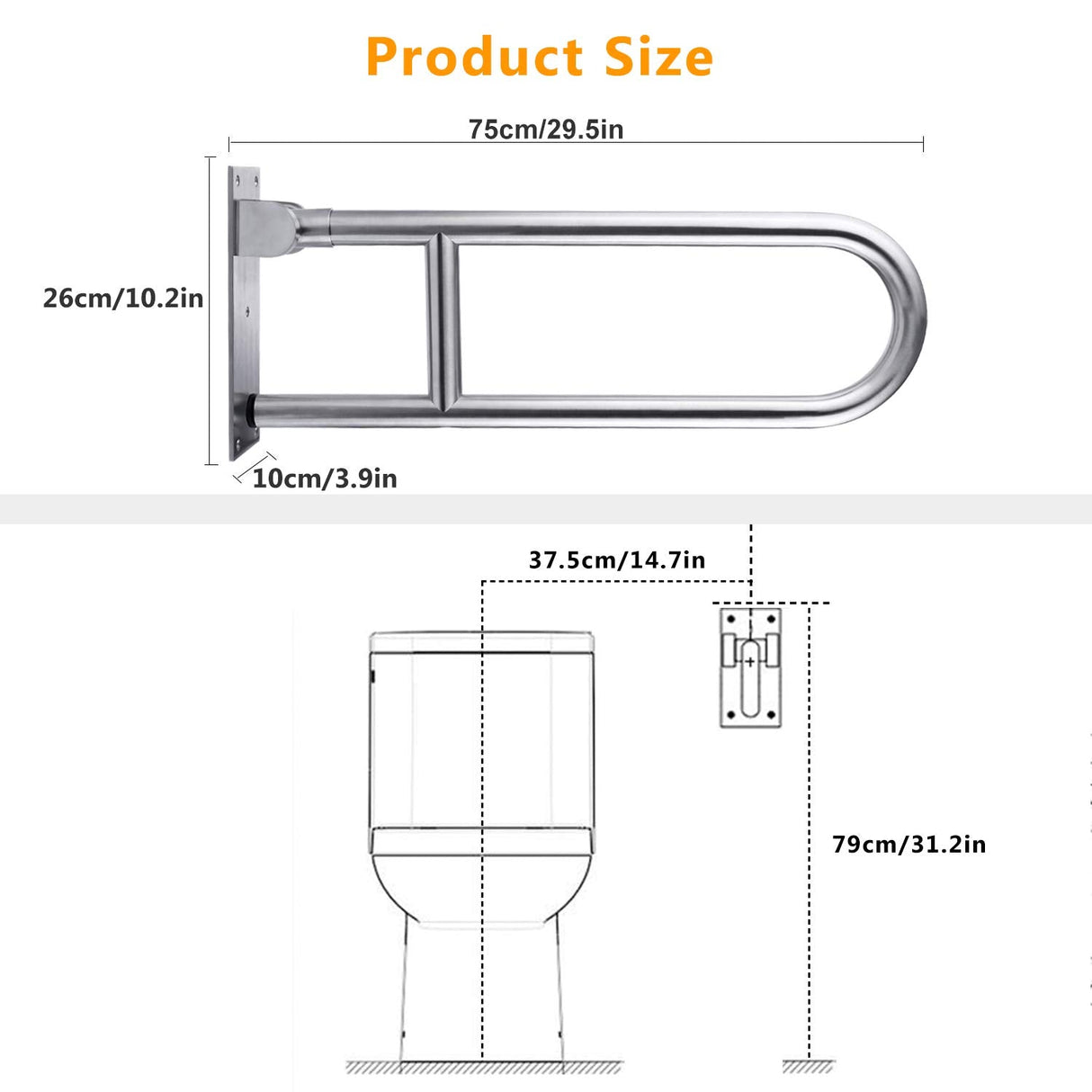 29.5 INCH Toilet Grab Bar Stainless Steel Handicap Rails Grab Bars Bathroom Support for Elderly Bariatric Disabled Commode Safety Hand Railing Guard Frame Shower Assist Aid Handrails Hand Grips
