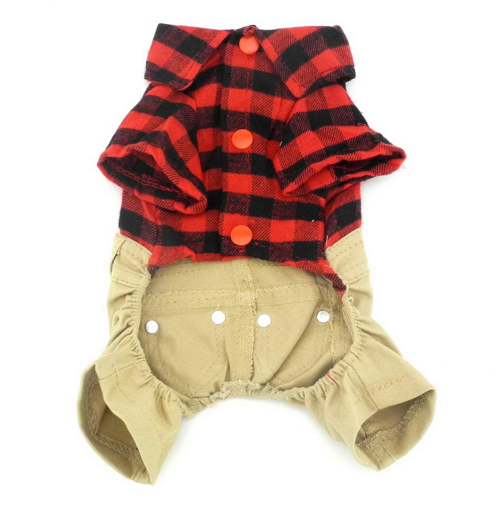 SMALLLEE_LUCKY_STORE Pet Clothes for Small Dog Cat Red Plaid Shirts Sweater with Khaki Overalls Pants Jumpsuit Outfits XL