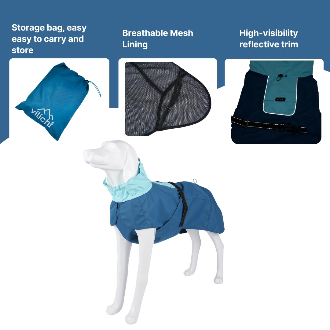 Vilichi Dog Raincoat, Waterproof Jacket, Windproof & Lightweight Outdoor Rain Coat, Body Coverage Poncho,with Storage Bag, Blue, for Medium Breed (Large)