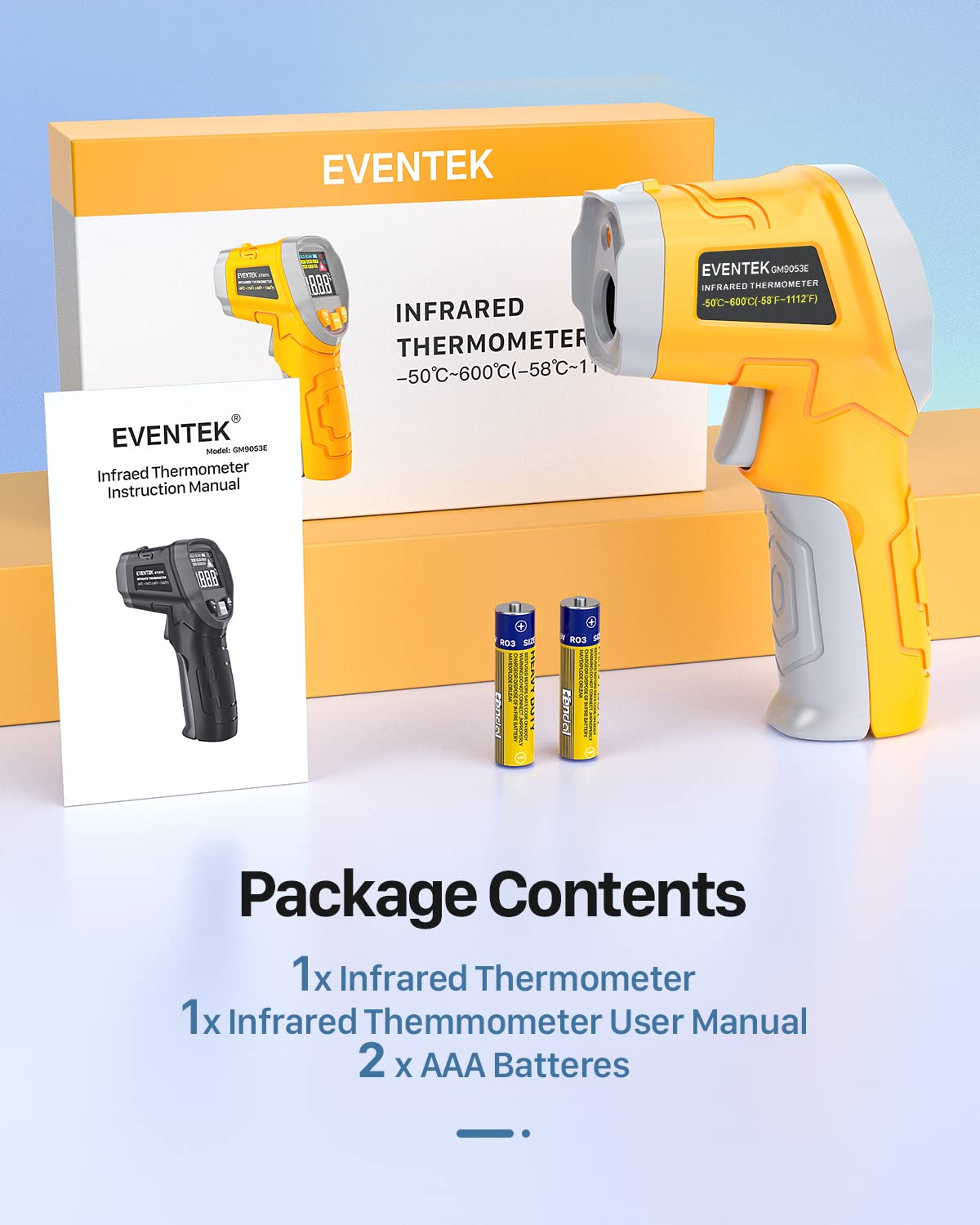 Eventek Digital Infrared Thermometer, -58℉~1112℉(-50℃~600℃) Non-Contact Laser Temperature Gun with Color Display & Adjustable Emissivity for Cooking/BBQ/Food/Fridge/Pizza Oven/Engine (Not for Human)