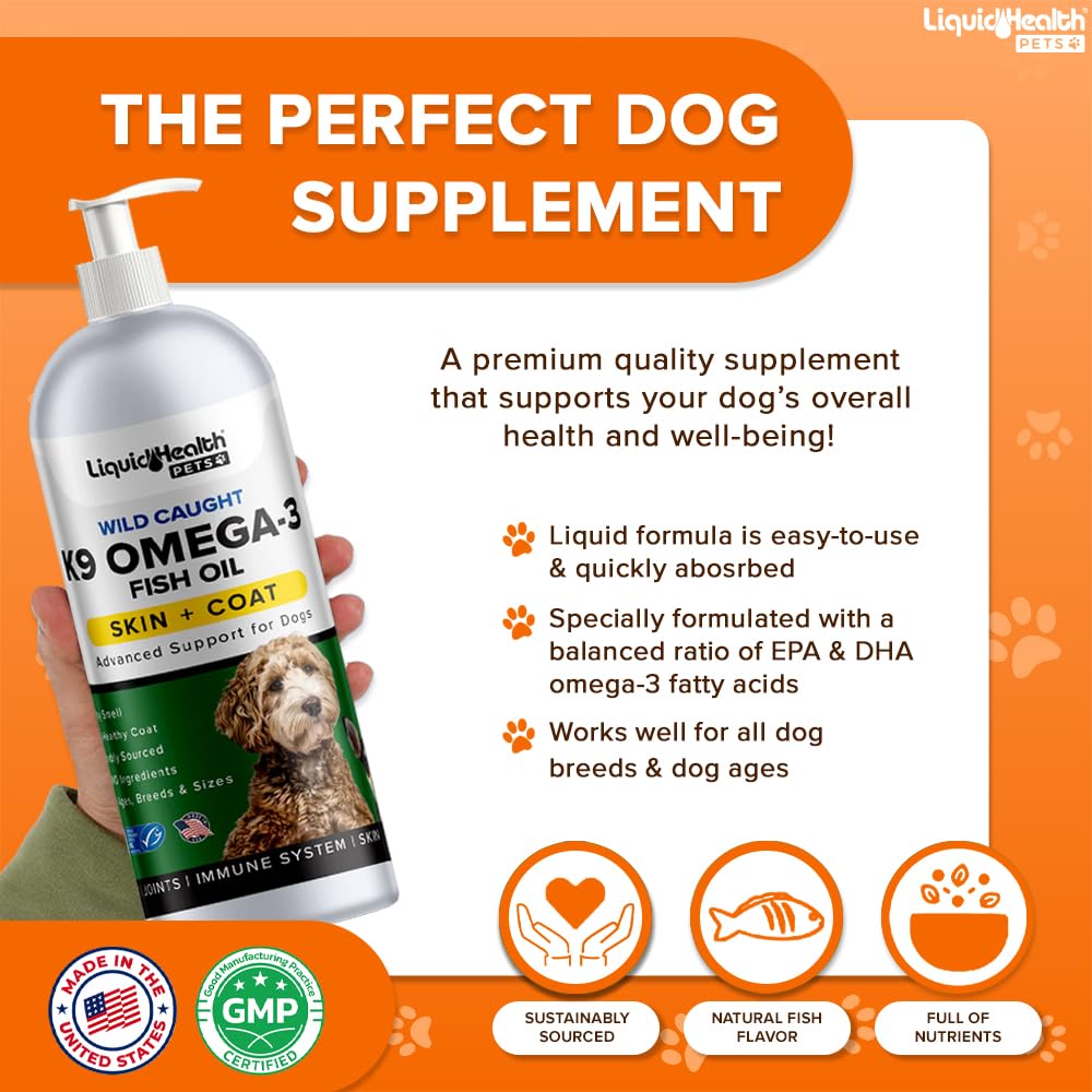 Liquid Health Pets K9 Omega 3 Fish Oil for Dogs - Liquid Omega 3 Supplement for Pets with EPA + DPA + DHA - Reduce Itching & Shedding, Support Joints, Immunity, Brain, Heart Health - USA Made (2 Pack)