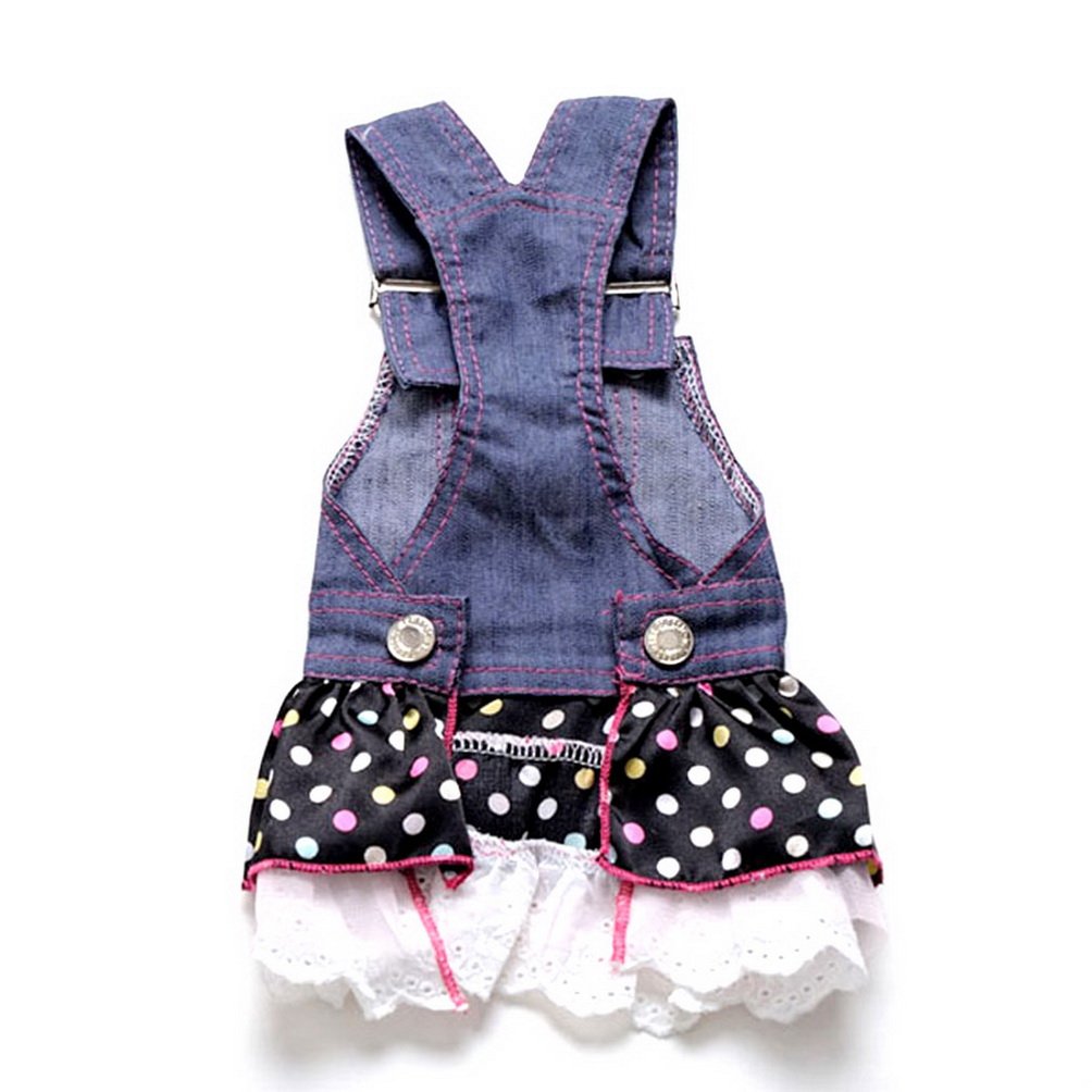 SELMAI Dog Costumes Dress Rompers Denim Jumpsuit for Small Puppies Pet Cats Princess Jean Clothes with Pocket Bib Outfits Pleated Tiered Skirt Polka Dots Heart Sequins for Summer M