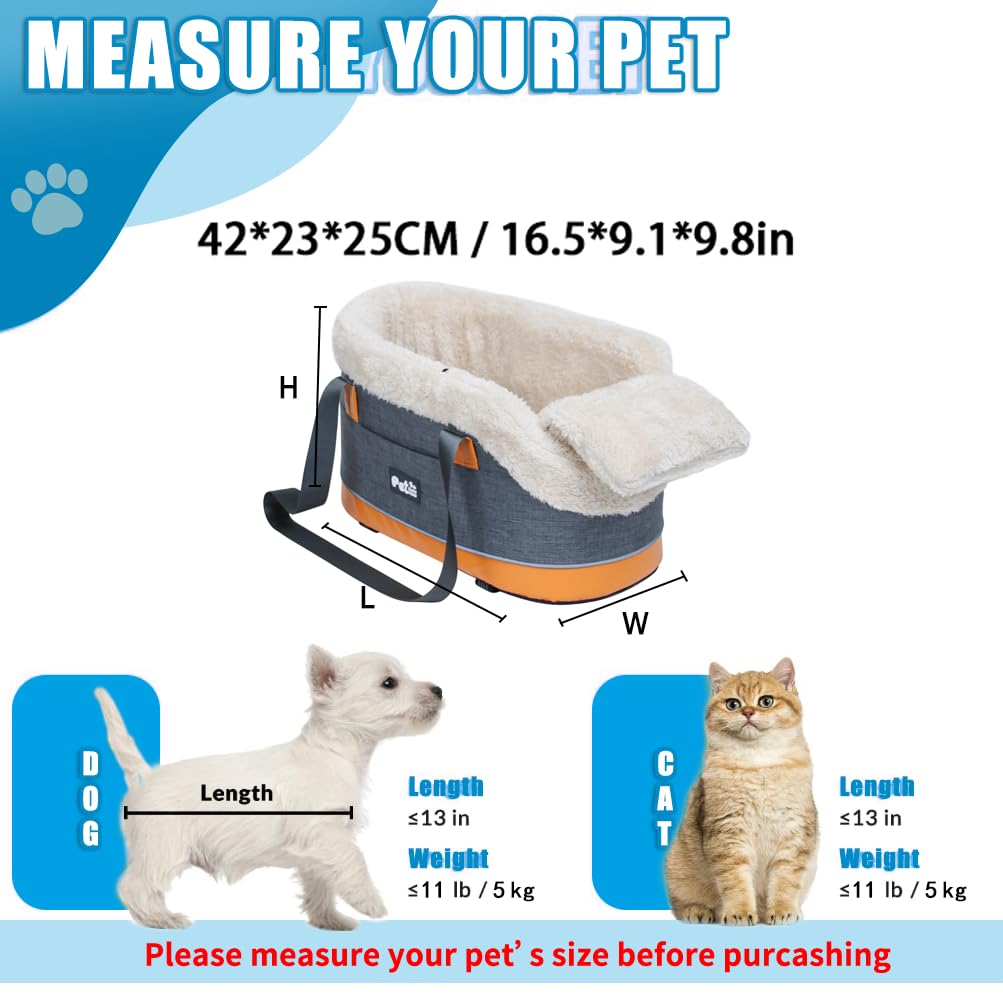 Pet Car Center Console Elevated Armrest Car Seat for Small Puppy, Dogs & Cats (Up to 10 lbs) – Dark Gray Washable Plush Carrier with Safety Leash, Fits Front Vehicle Console Space