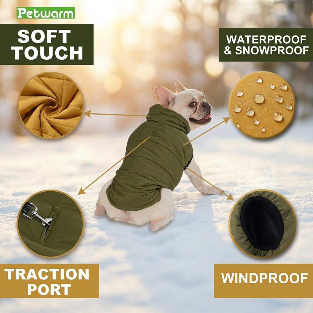 PetWarm Reversible Dog Winter Coat, Windproof Dog Puffer Vest, Soft Vest for Dogs with Hook-and-Loop Strap for Easy Dressing, Waterproof Coat for Dogs with Adjustable Fit, Green, 2XL