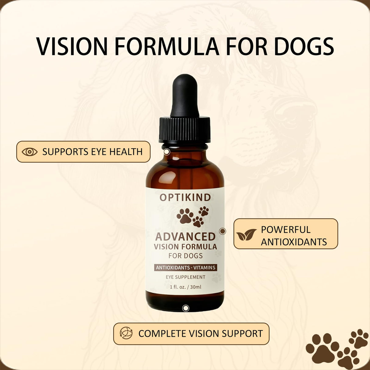 Optikind Vision Drops for Dogs - with Lutein, Zeaxanthin and Bilberry Extract (1pc)