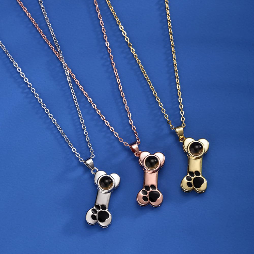 Wexibauyl Personalized Photo Necklace Custom Photo Projection Necklaces Dog Bone with Paw Print Pendant Necklace with Picture Inside Pet Dog Cat Memorial Necklace for Pet Lover Women Men