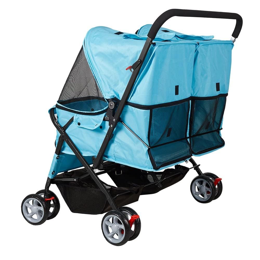 Pet Stroller Twin Folding Dog Cat Carrier Travel Cart, Multiple Colors Blue