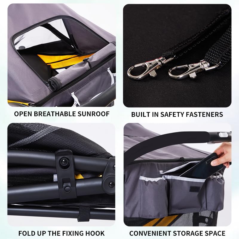 Large Dog Stroller-4 Wheel Pet Strollers for Medium Dogs or 2 Dogs- One-Click Foldable - Large Breathable Mesh & Sunroof - All Terrain Pet Stroller for Medium Senior Dog up to 88 lbs (Yellow)