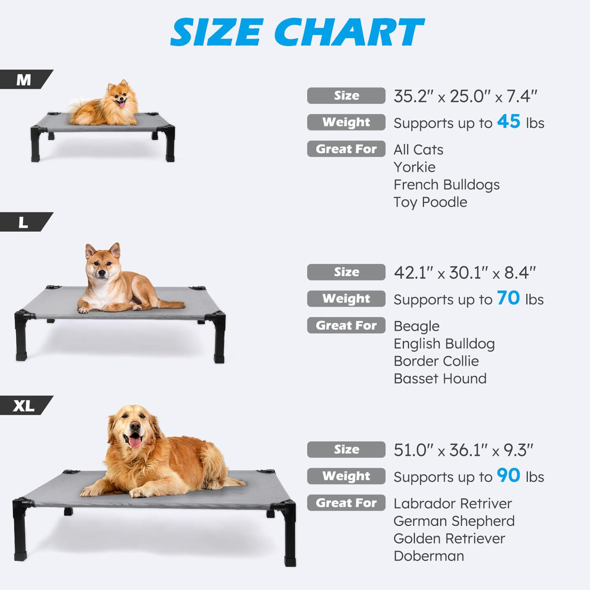 Cooling Elevated Dog Bed with Mesh and Metal Frame, Portable Dog Cot for Outdoor and Indoor Use
