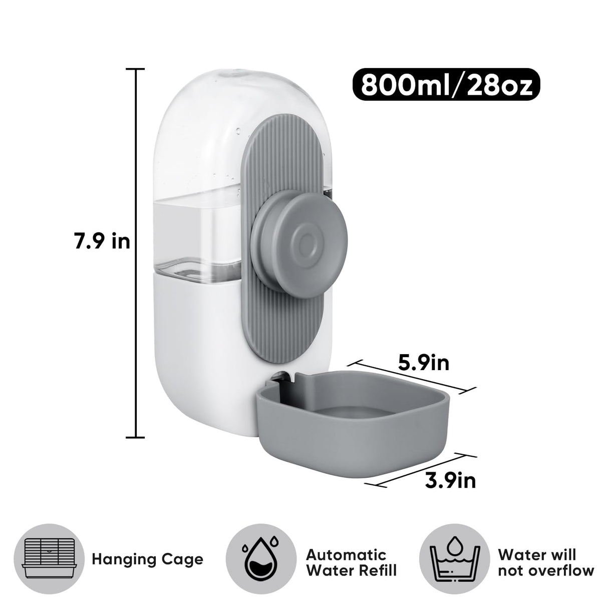 Lemtrflo 28oz Hanging Automatic Water Dispenser,Rabbit Water Bottle,Bunny Guinea Pig Ferret Water Bowl for Cage,Suitable for Small Animal Puppies(Cage Grid Spacing Over 1.2'') (Gray)