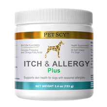Load image into Gallery viewer, PetScy Itch & Allergy Plus Chews for Dogs Itchy Skin, Ears & Paws | Probiotics, Moringa & Turmeric | Dog Allergy Relief for Skin Redness, Hair Loss Gut & Digestive Health - Bacon Flavor - 60 Chews