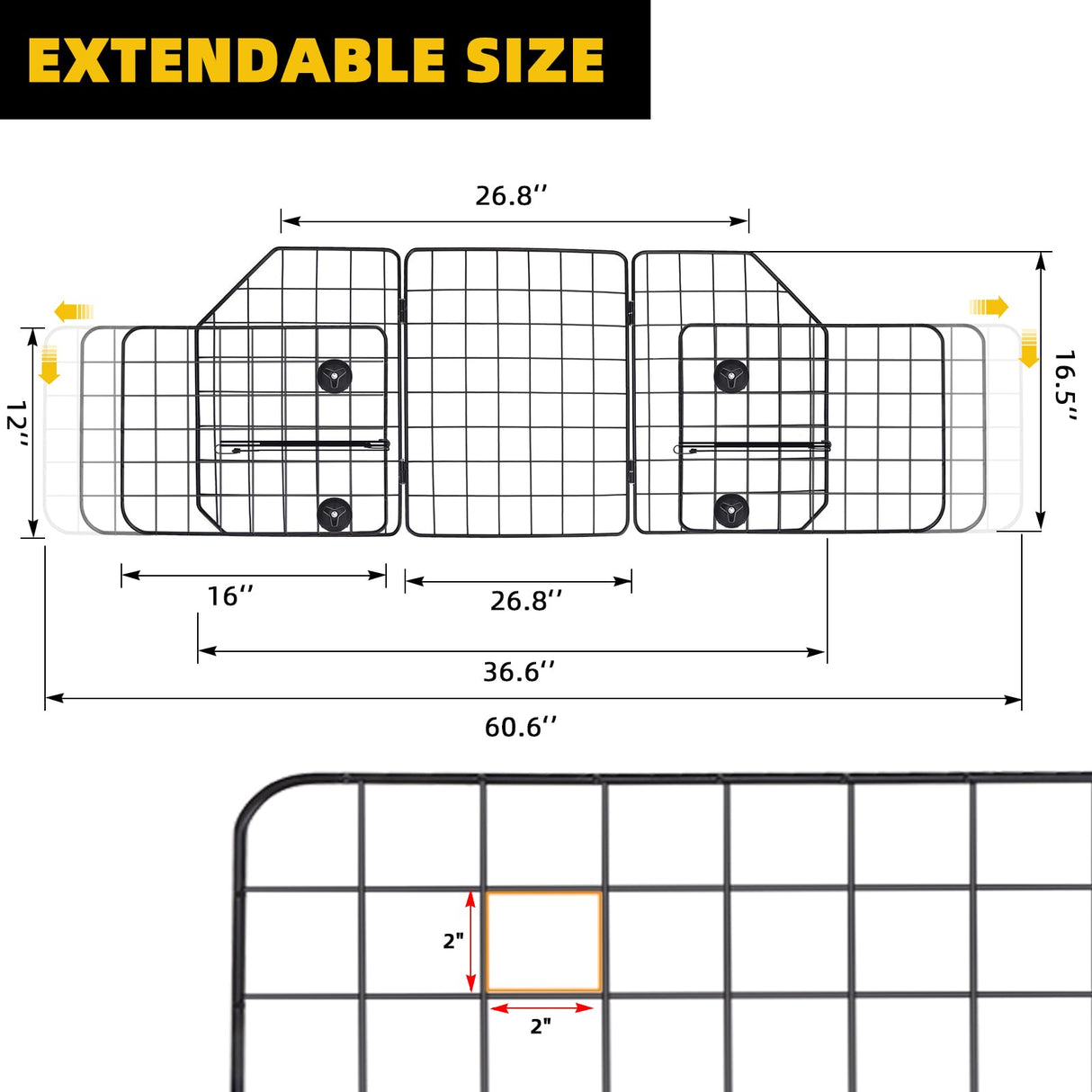 KOOLTAIL Dog Barrier for SUV & Truck, Adjustable & Foldable Dog Car Barrier 36.6"-60.6", Heavy-Duty Wire Mesh Car Divider, Universal Fit for Cars, Jeep, Hatchback, Triple Folding