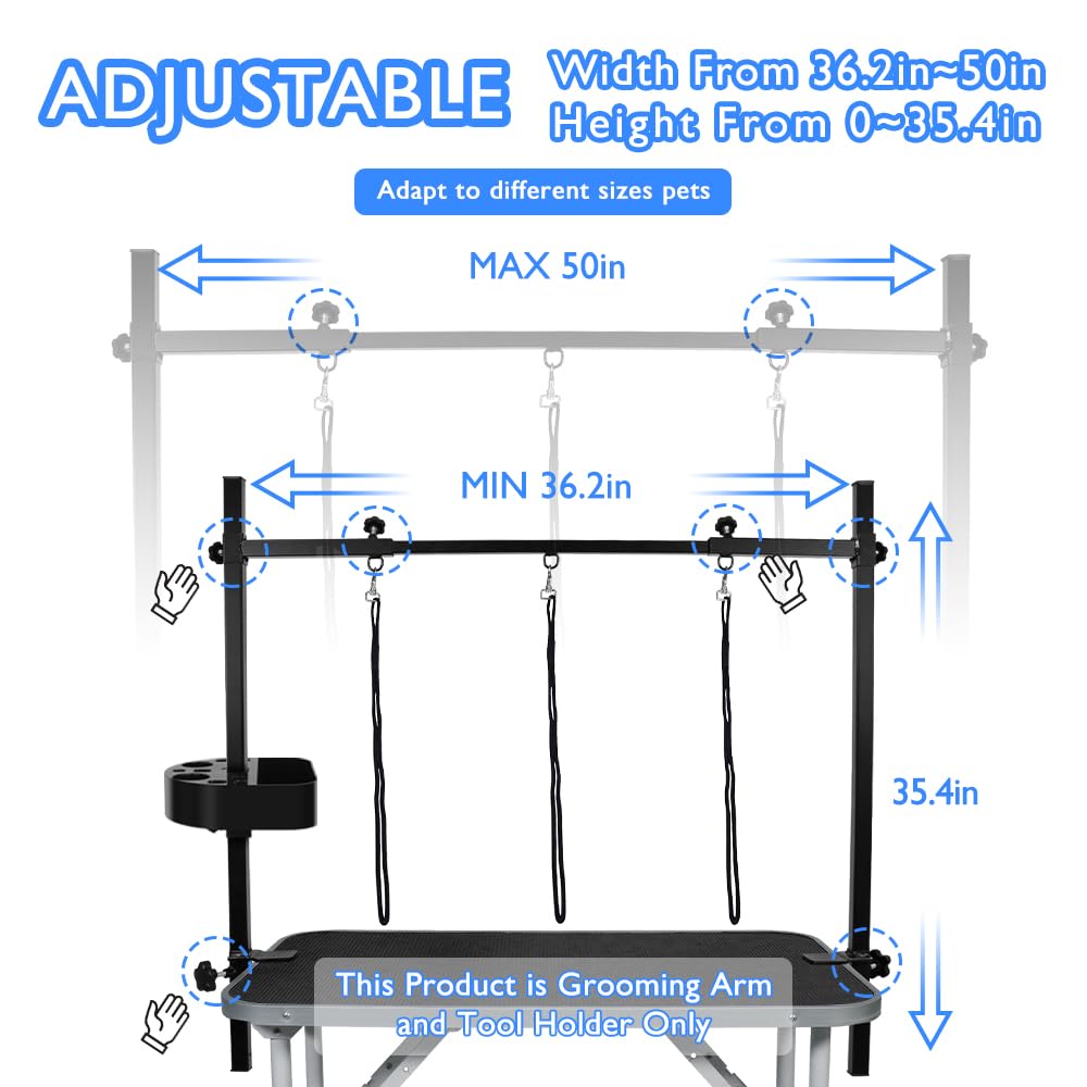 LEIBOU H-Shape Pet Grooming Table Arm with Tool Holder Noose and Clamp for Dogs and Cats Heavy Duty Aluminum Alloy Frame with 35.4” Adjustable Height and 36.2” ~ 50” Adjustable Width