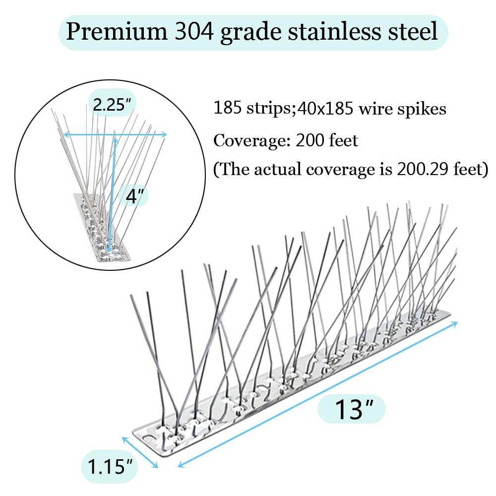 PANGCH Bird Spikes for Pigeons Small Birds,Stainless Steel Bird Spikes -No More Bird Nests & Poop-Disassembled Spikes 185 Strips 200.29 Feet Coverage