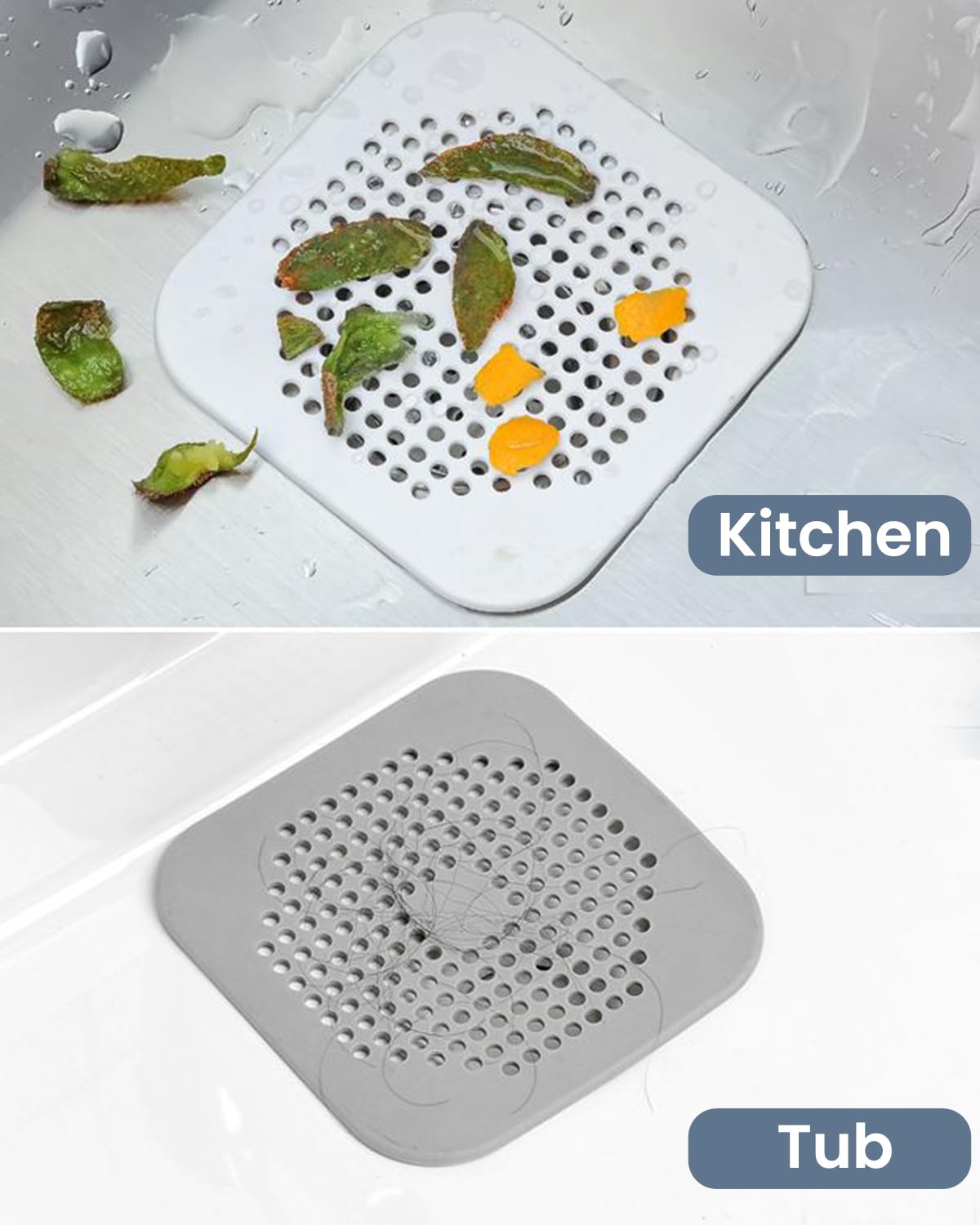 2Pcs Hair Drain Catcher, Square Drain Cover, Shower and Bathtub Hair Stopper for Bathroom, Kitchen, and Sink, Easy to Install, (Grey)