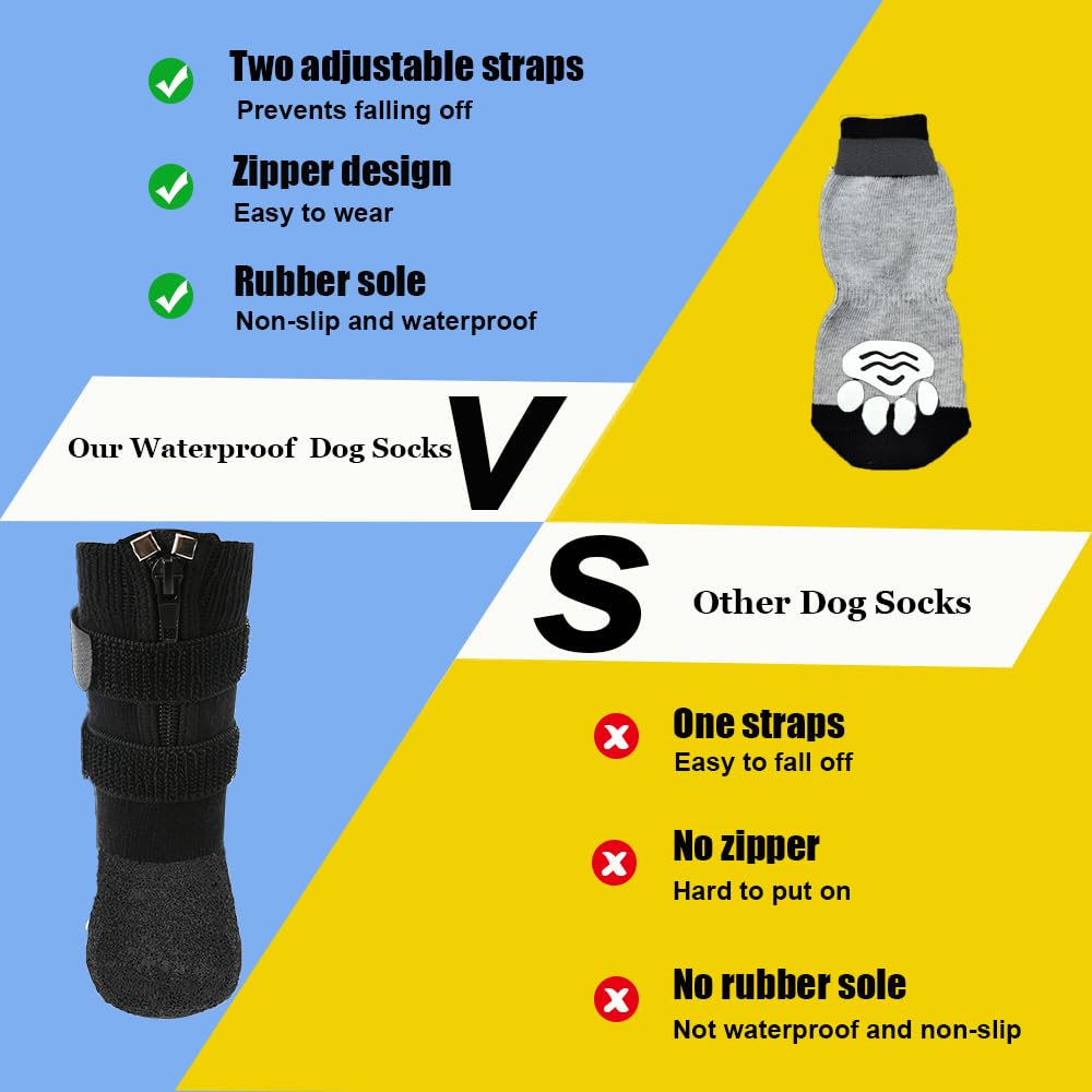 VALFRID Waterproof Grip Dog Shoes,Anti-Slip Dog Socks Boots,Zipper Dogs Booties Paw Protectors for Hardwood Floor,Indoor and Outdoor for Small Medium Large Dogs Black