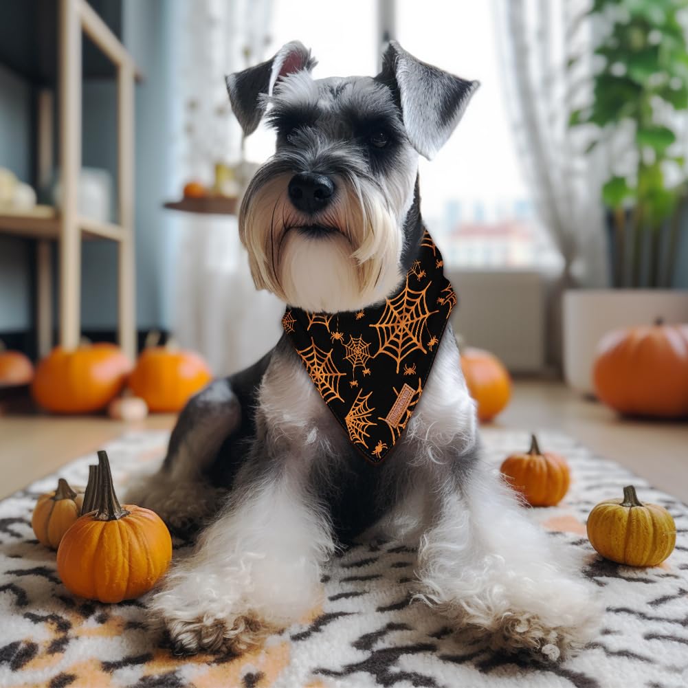 Halloween Dog Bandanas 2 Pack Washable Soft Cotton Halloween Pumpkin and Spider Bibs Scarf Multiple Sizes Offered Premium Durable Fabric Adjustable Fit