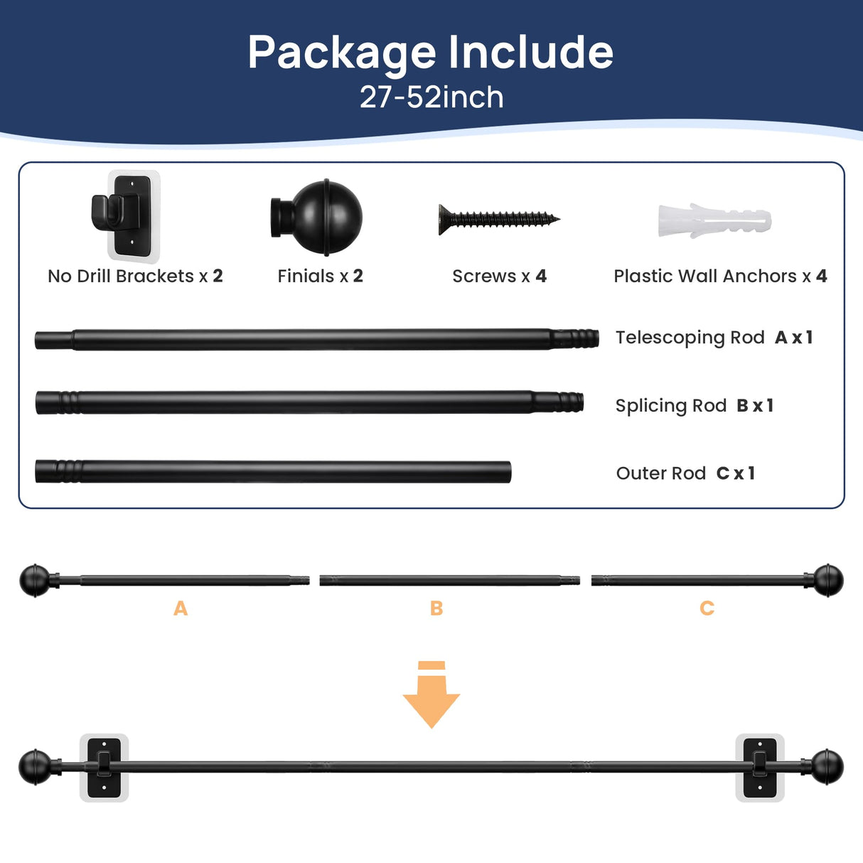 No Drill Curtain Rods for Window 28 to 47 Inches, 5/8 Inch Diameter Renter Friendly Drapery Rod with Adhesive Brackets without Drilling, Adjustable from 27 to 52 Inches, Black
