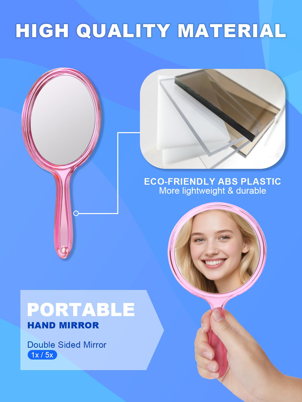 Handheld Mirror with Handle, 10.5 x 5.7 inches, Double-Sided 1X/5X Magnification Travel Makeup Mirror for Women, Pink