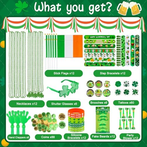 Garma 238 PCS St Patricks Day Decorations Set Glasses Bracelets Coins Necklaces Flags Tattoos Brooches Fake Beards Party Blowers Hand Clappers Saint Patricks Day Party Favors Accessories Supplies