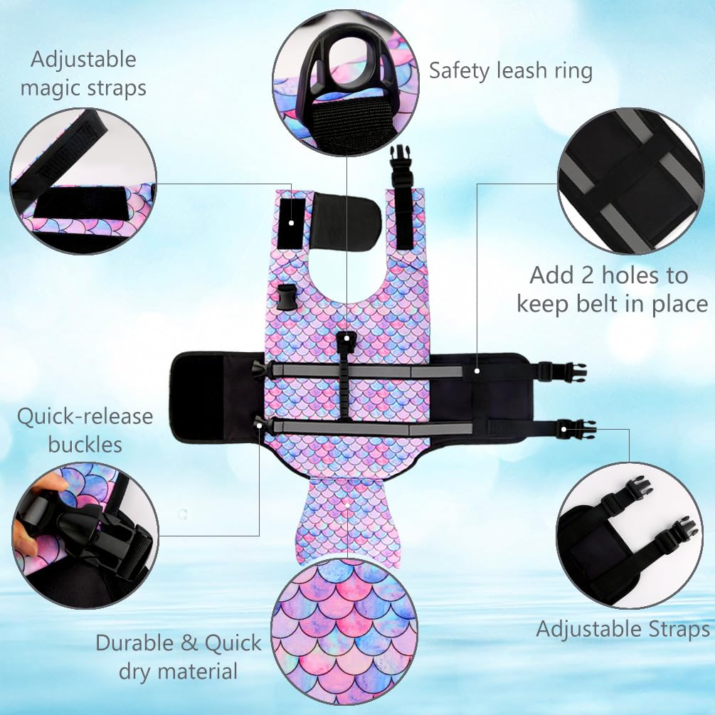 Dog Life Jacket Vest for Swimming Boating, Mermaid Large Swim Vests with Chin Float/Reflective Stripe/Rescue Handle