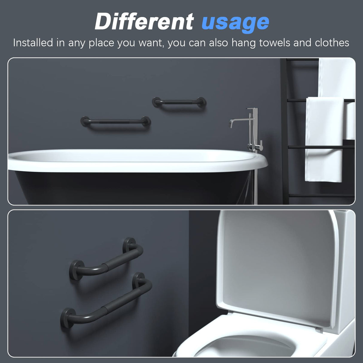 2 Pack 12 Inch Anti-Slip Shower Grab Bars w/Rubber Grip, iMomwee Stainless Steel Bathroom Wall Mount Matte Black Grab Bar Handle, Safety Balance Handrail, Handicap Elderly Senior Assist Bath Handle