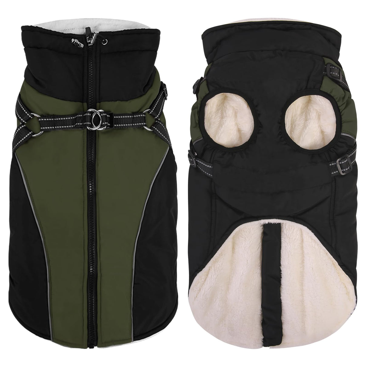 Queenmore Medium Dog Jacket with Harness Built-in, Winter Coat for Medium Dogs, Warm Puffer Jacket, Cold Weather Snowsuit Parka - Waterproof Fleece Lined Reflective Adjustable, Green/Black M
