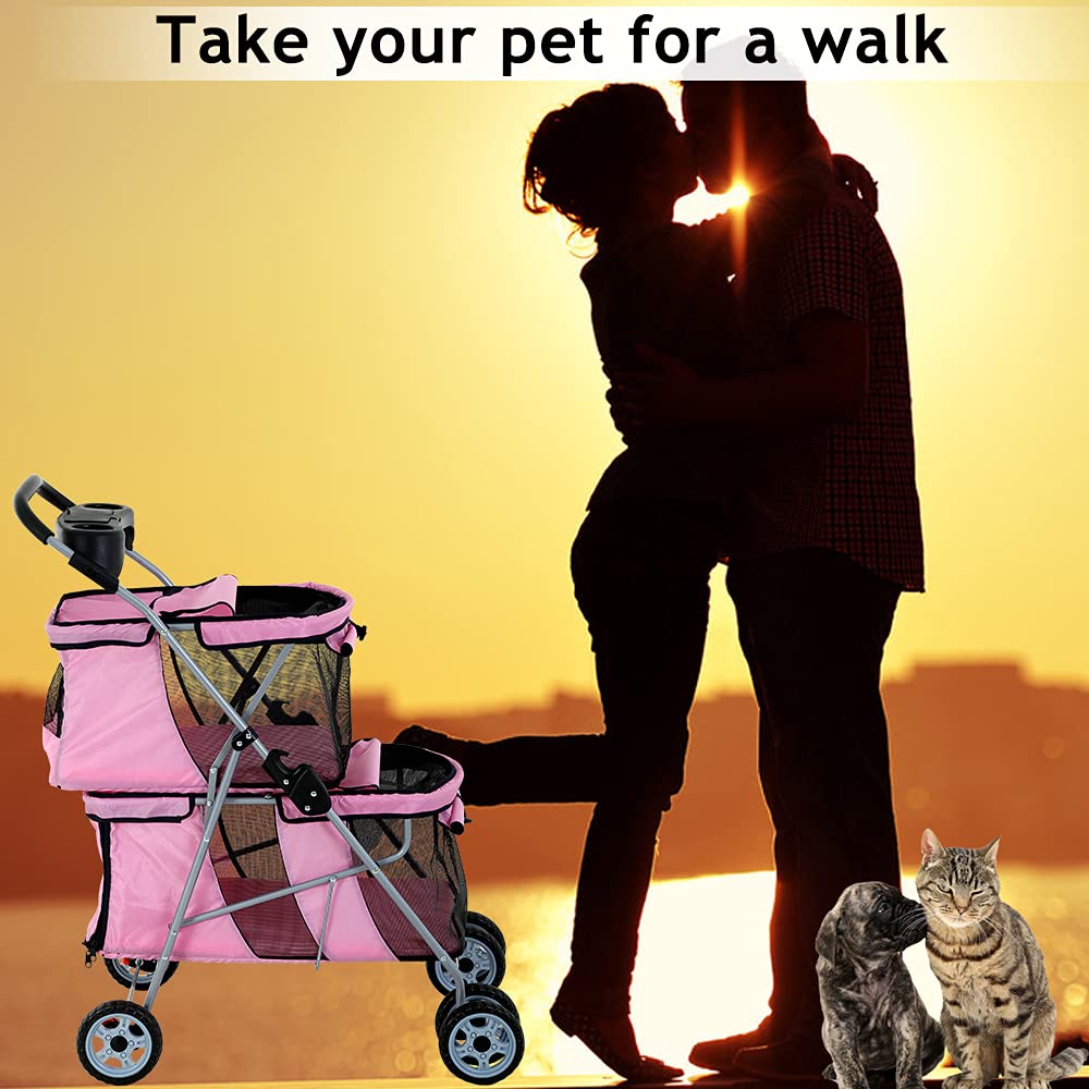 Dkeli 4 Wheel Pet Stroller for Small and Medium Dog Cats, Double Dog Stroller with Cup Holder, Folding Travel Cage for 2 Puppies or Two Kittens, Pink