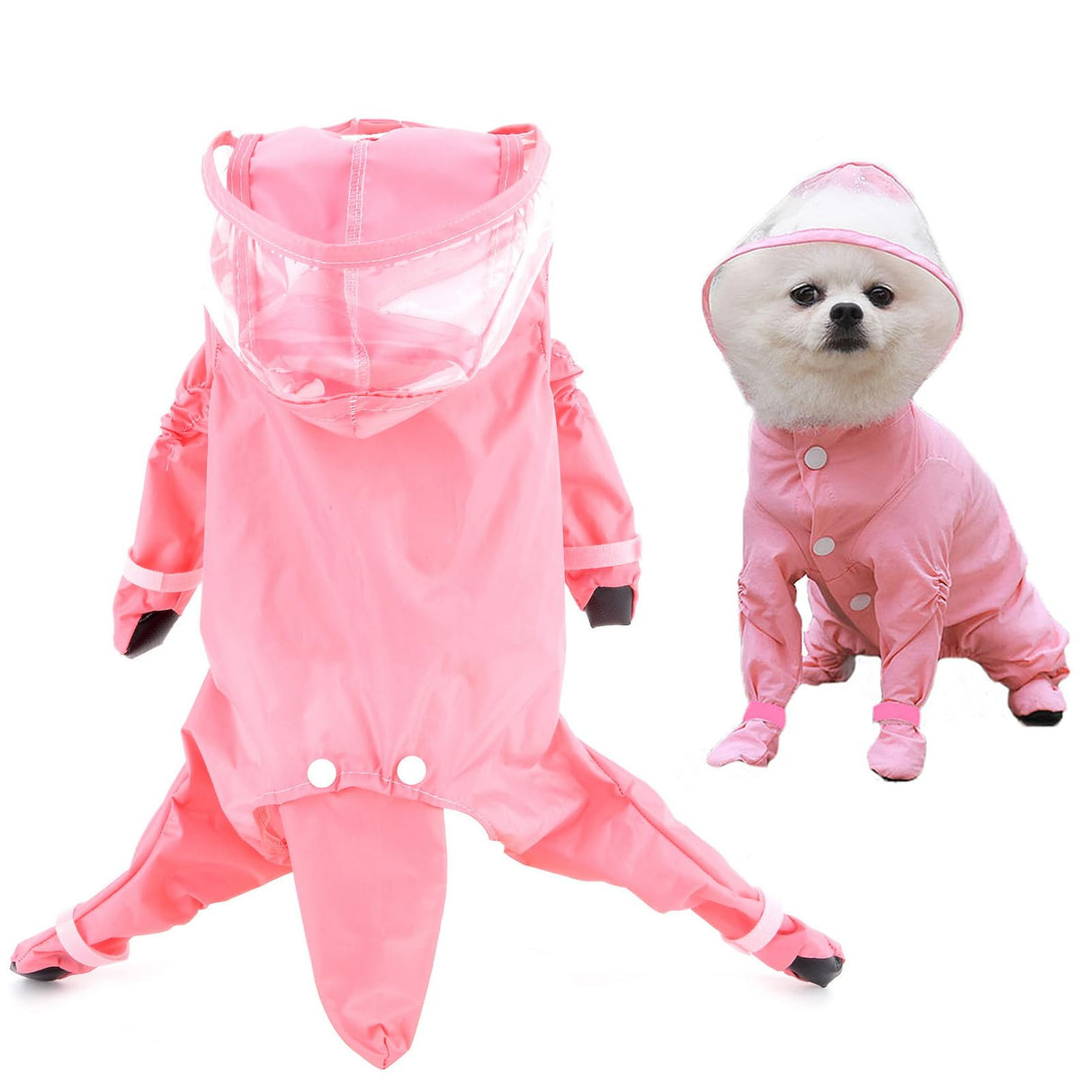 SMALLLEE_LUCKY_STORE Cute Raincoat for Small Dogs with Hood and Boots Detachable Tail Puppy Botton Down Rain Jacket Full Boby 4 Leg Jumpsuit Waterproof Lightweight Clothes,Pink,S