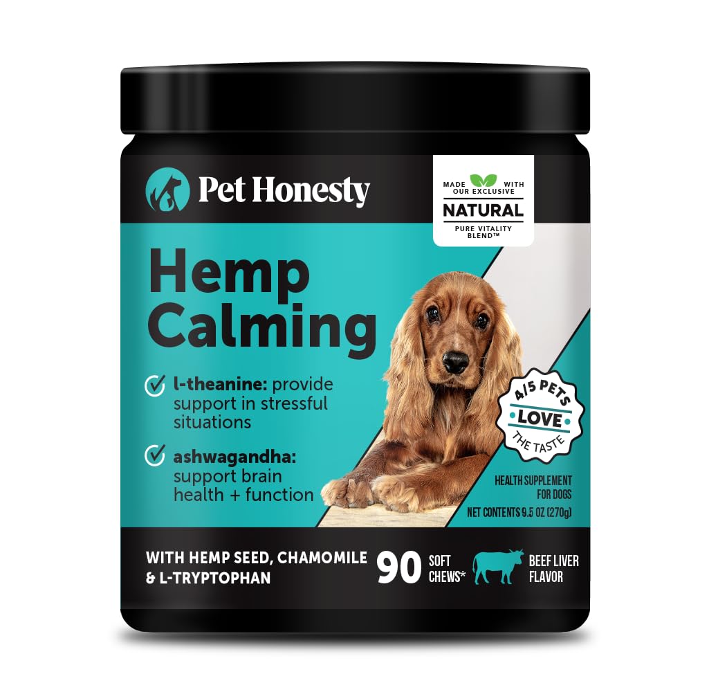 Natural Hemp Calming Chews for Dogs - Calming Aid Supplement for Occasional Anxiousness with Valerian Root, Chamomile, + Magnesium - Stress, Separation & Thunder Support - (Beef Liver, 90 Count)