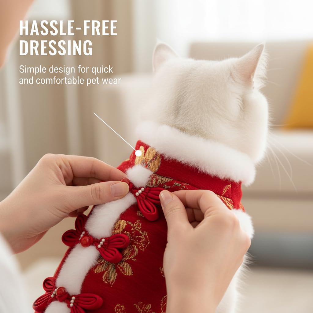 Festive Lunar New Year Pet Costume for Cats Small Dogs, Traditional Red Tang Suit Style Pet Clothes Outfit (Red,X-Small)