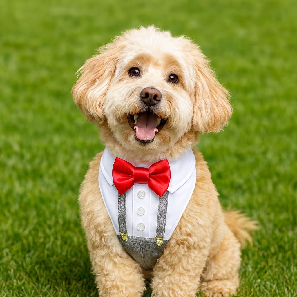 Personalized Best Dog Harness with Bow Tie, Suspenders & Custom Embroidered Text | Wedding Dog Tuxedo | Optional Ring Bearer Clasp | Perfect Attire for Wedding & Birthday by ACORD EU (Dark Gray)