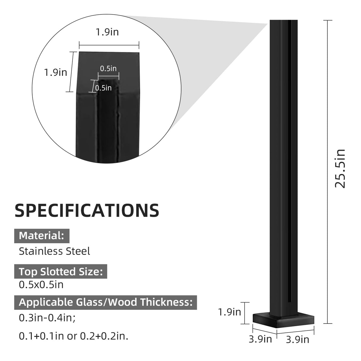 DOMART Black Glass Balustrade Post, 304 Stainless Steel Glass Railing Post for Steps, Balconies, Staircases, Decks, Patio Stairs, Pool Fence, Cannot Add Handrail Version (25.6 inch-End Post)