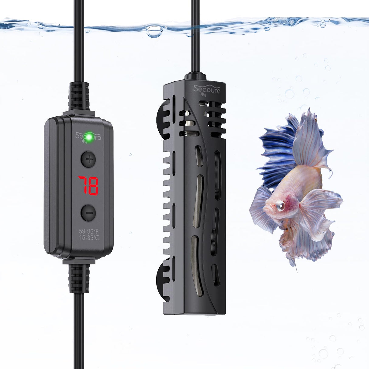 SEAOURA Small Aquarium Heater, 50W Mini Fish Tank Heater, Adjustable Submersible Aquarium Heater with External Digital Controller for Turtle, Betta, Freshwater, Saltwater, 5-15 Gallon