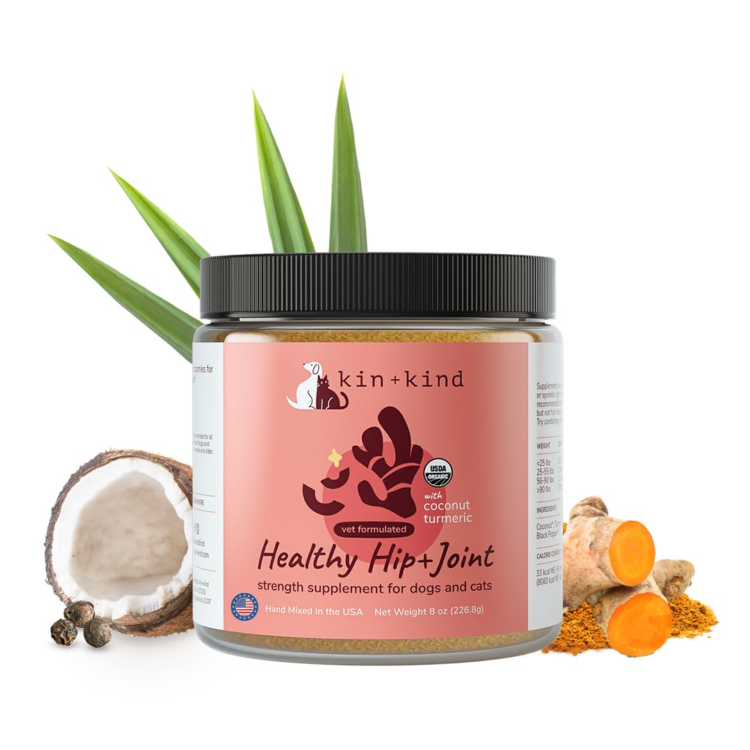 kin+kind Hip and Joint Supplement for Dogs & Cats – Vet Formulated Natural Joint Support with Organic Turmeric, Black Pepper & Coconut – Dog Essentials & Cat Essentials – Made in USA – 8 oz (Large)