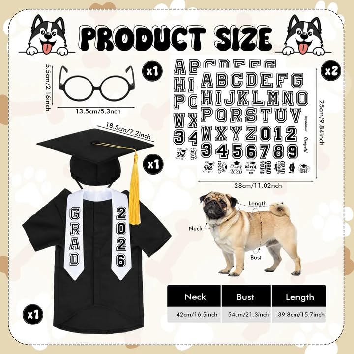 6 Pcs Dog Cat Graduation Cap and Gown Include 2026 Pet Graduation Gown Stole Puppy Grad Cap Lensless Glasses DIY Letter Stickers for Dogs Cats Holiday Costume Accessory (Black, Medium)