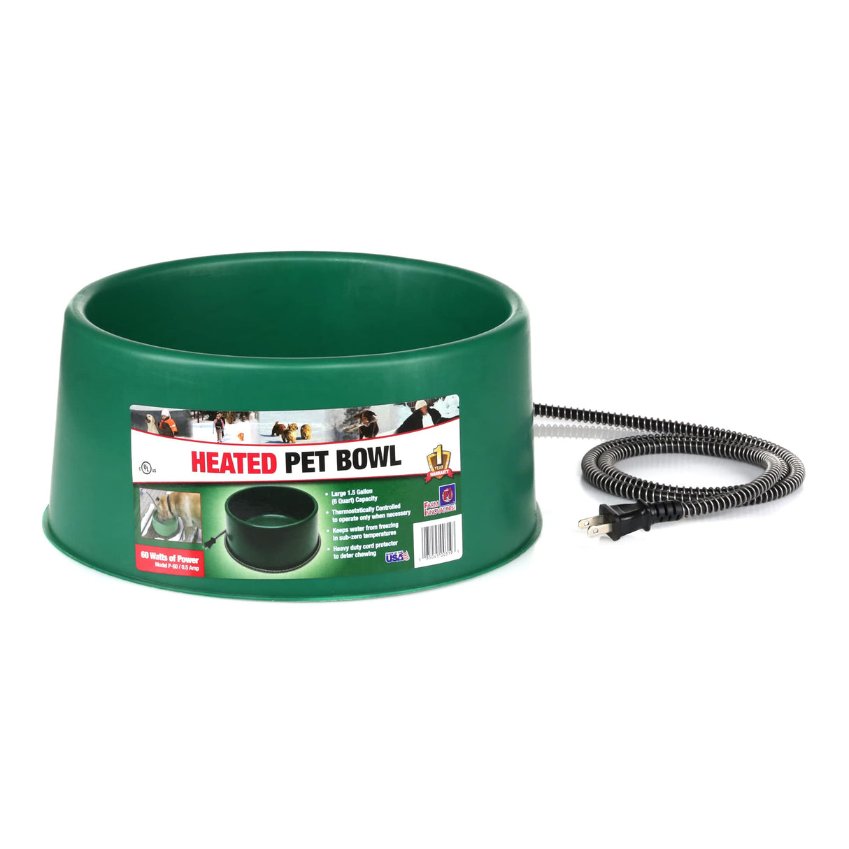 Farm Innovators P-60 1.5 Gallon 60 Watt Electric Heated Pet Water Bowl with Thermostatic Control and Anti Chew Cord, Green (2 Pack)