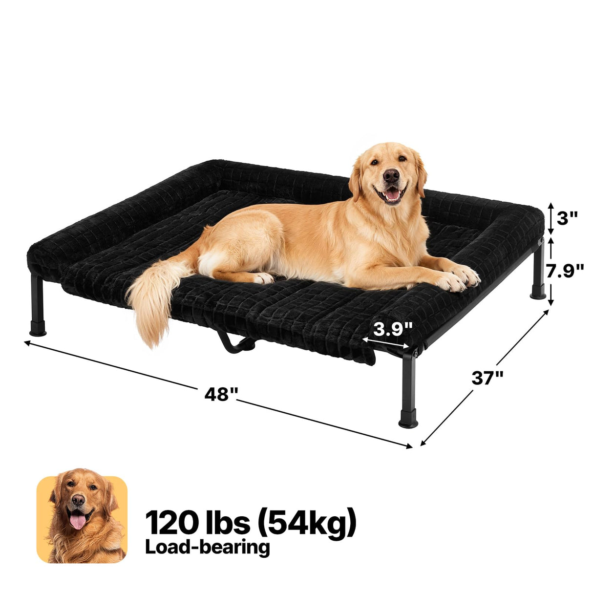 Veehoo Elevated Dog Bed Large Sized with Fluffy Plush Bolster Cushion, Washable Orthopedic Dog Couch Bed, Cooling Raised Pet Cot with Removable Mat, Breathable Mesh, No-Slip Feet, 48x 37 inches, Black