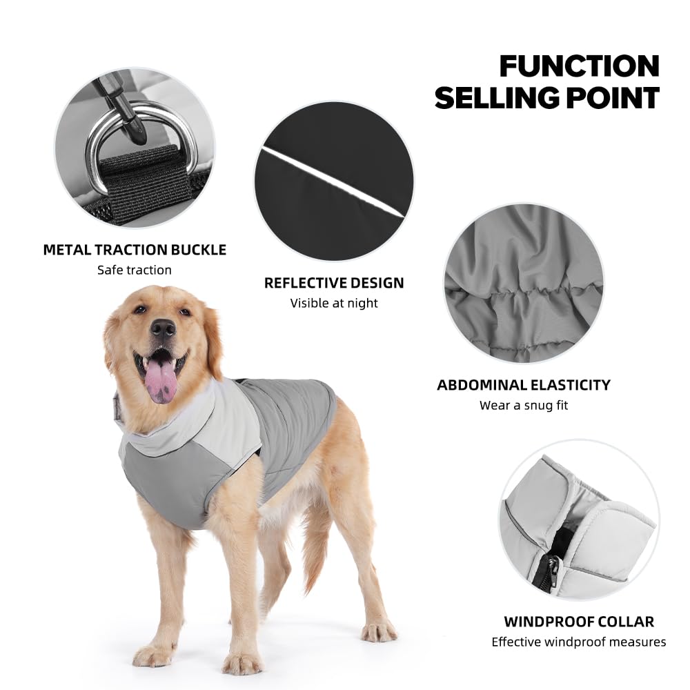 UNA MASCOTA Dog Coat, Waterproof Dog Winter Jacket in Puppy Cold Weather Windproof Coats Reflective Pet Vest, Zip-Up Cold Weather Coats for Small Medium Dogs (White and Gray, 5XL)