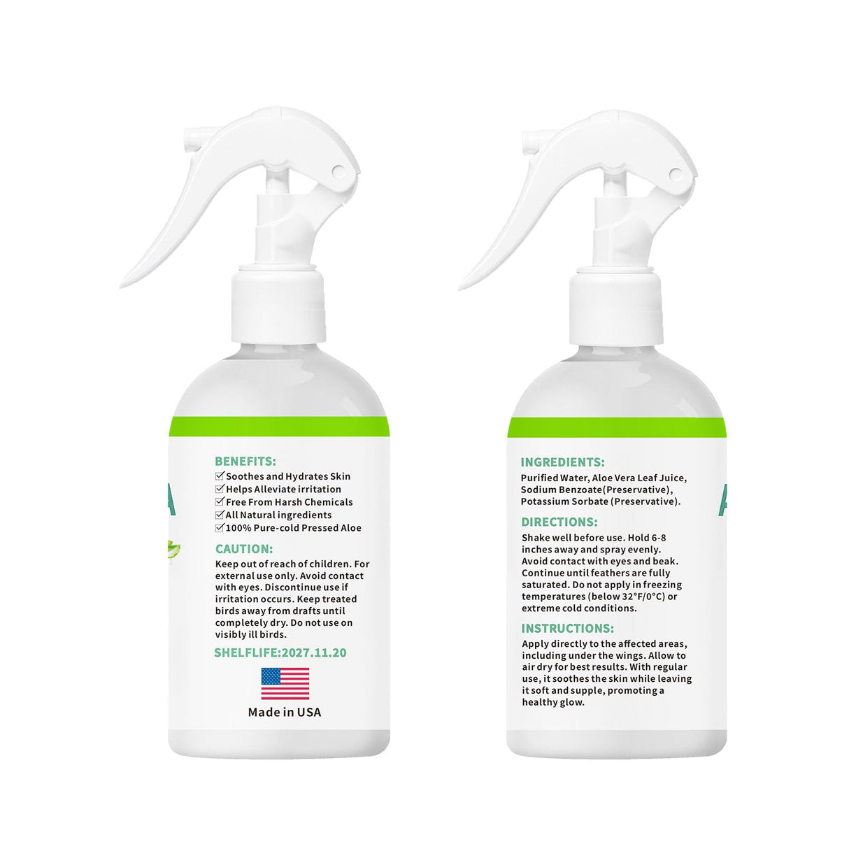 Aloe Vera Bird Spray for Birds - Bird Safe Moisturizing Mist Skin Soothing & Hydrating Mist Conditions Feathers, Gentle for Daily Use - Birds Fine-Mist Application Odor-Free Pure Cold-Pressed Aloe