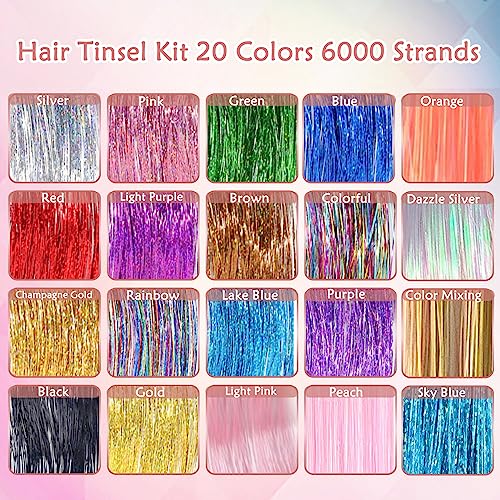 Hair Tinsel Kit (48 Inch, 20 Colors, 6000 Strands), Glitter Tinsel Hair Extensions with Tools - Fairy Hair Tinsel Heat Resistant Accessories for Women Girls Kids