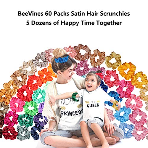 BeeVines Hair Scrunchies, Satin Silk Scrunchies, Silky Curly Hair Accessories for Women, Hair Ties Ropes for Teens, Girl’s Birthday Thanksgiving Christmas Gift, 60 Pack