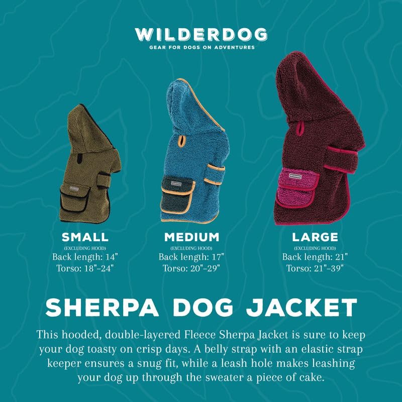 Wilderdog Double-Layered Hooded Sherpa Fleece Dog Jacket with Belly Strap, Leash Hole, Back Snap Pocket