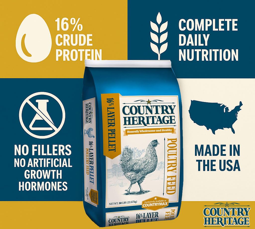 Country Heritage Hen Egg Layer Pellet 50lbs - 16% Protein Chicken Feed for Increased Egg Production & Strong Eggshells, High Protein