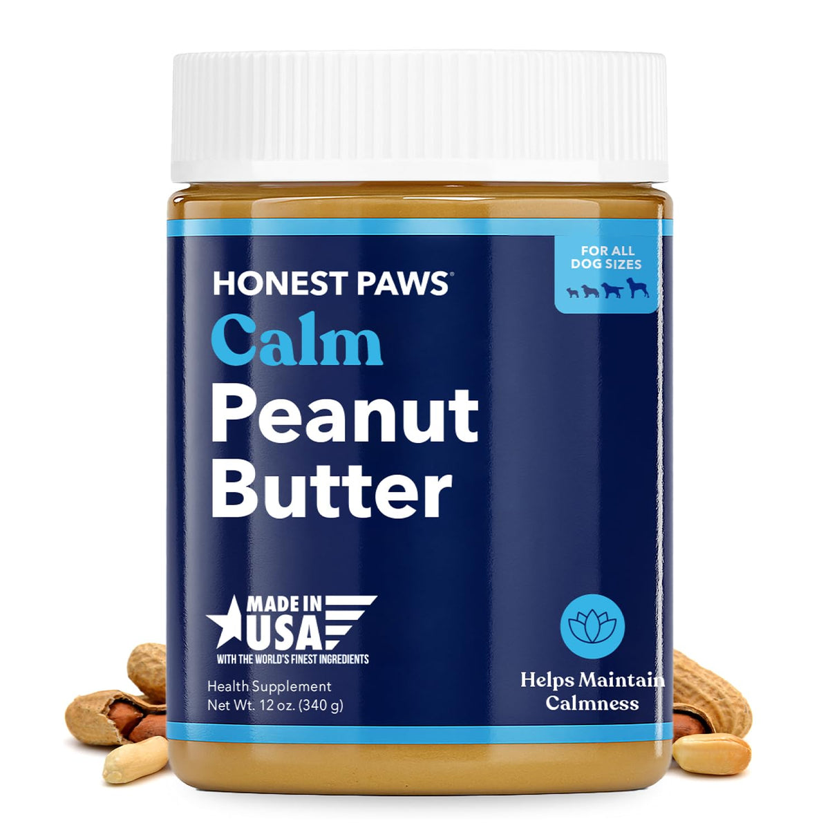 Honest Paws Calming Peanut Butter for Dogs – Dog Supplement with Ashwagandha, Valerian Root & L-Tryptophan – Supports Relaxation & Balanced Behavior – Made in USA – 12 oz